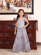 Dusty Blue Blossom Tiered Cotton Dress