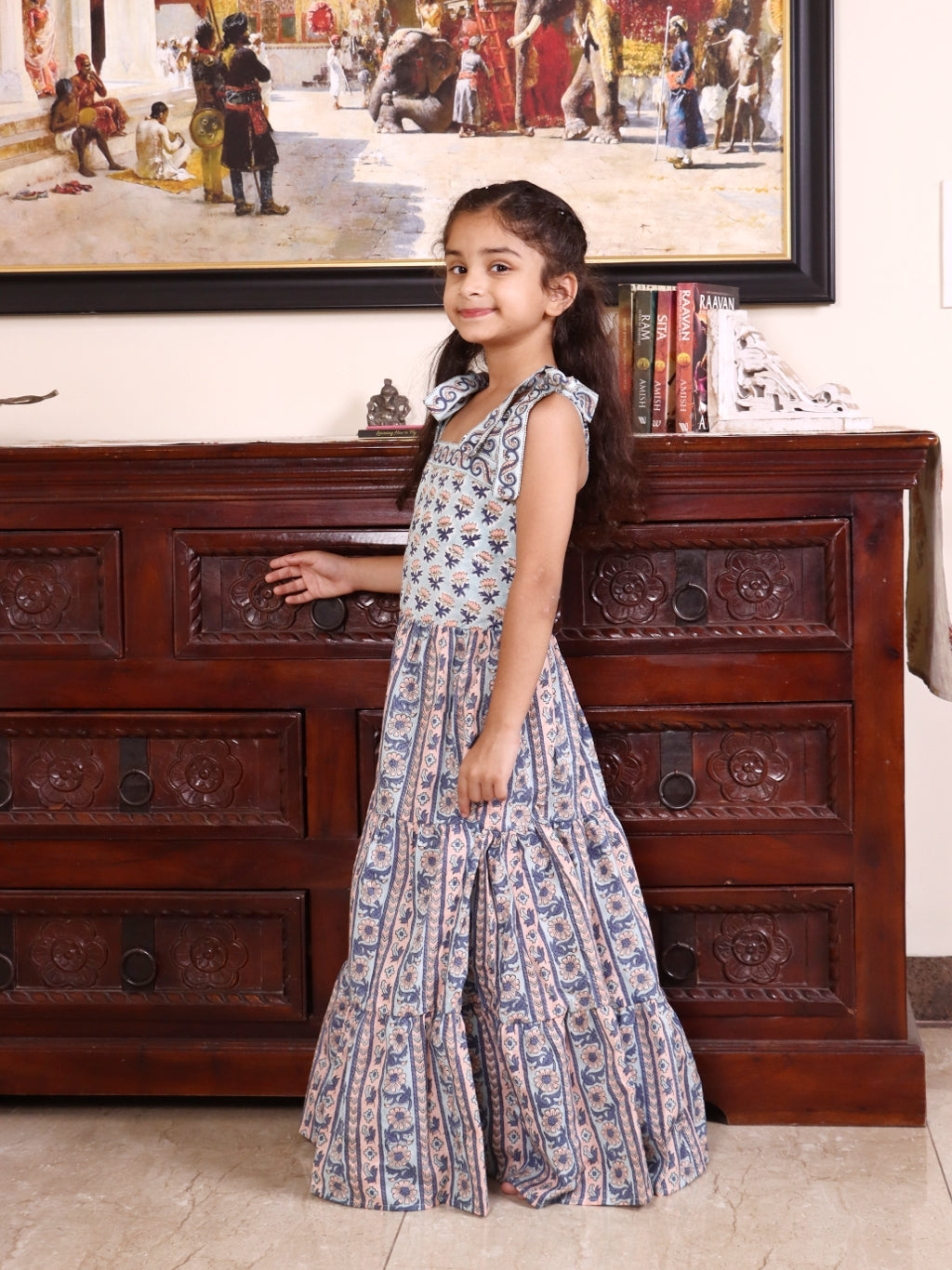 Dusty Blue Blossom Tiered Cotton Dress