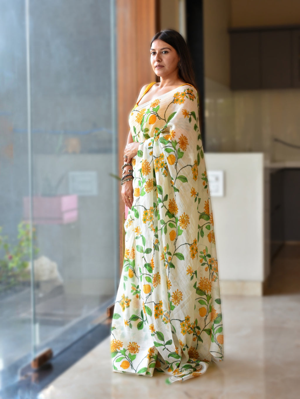 Sunshine Floral-Mul Chanderi Saree with Crepe Blouse