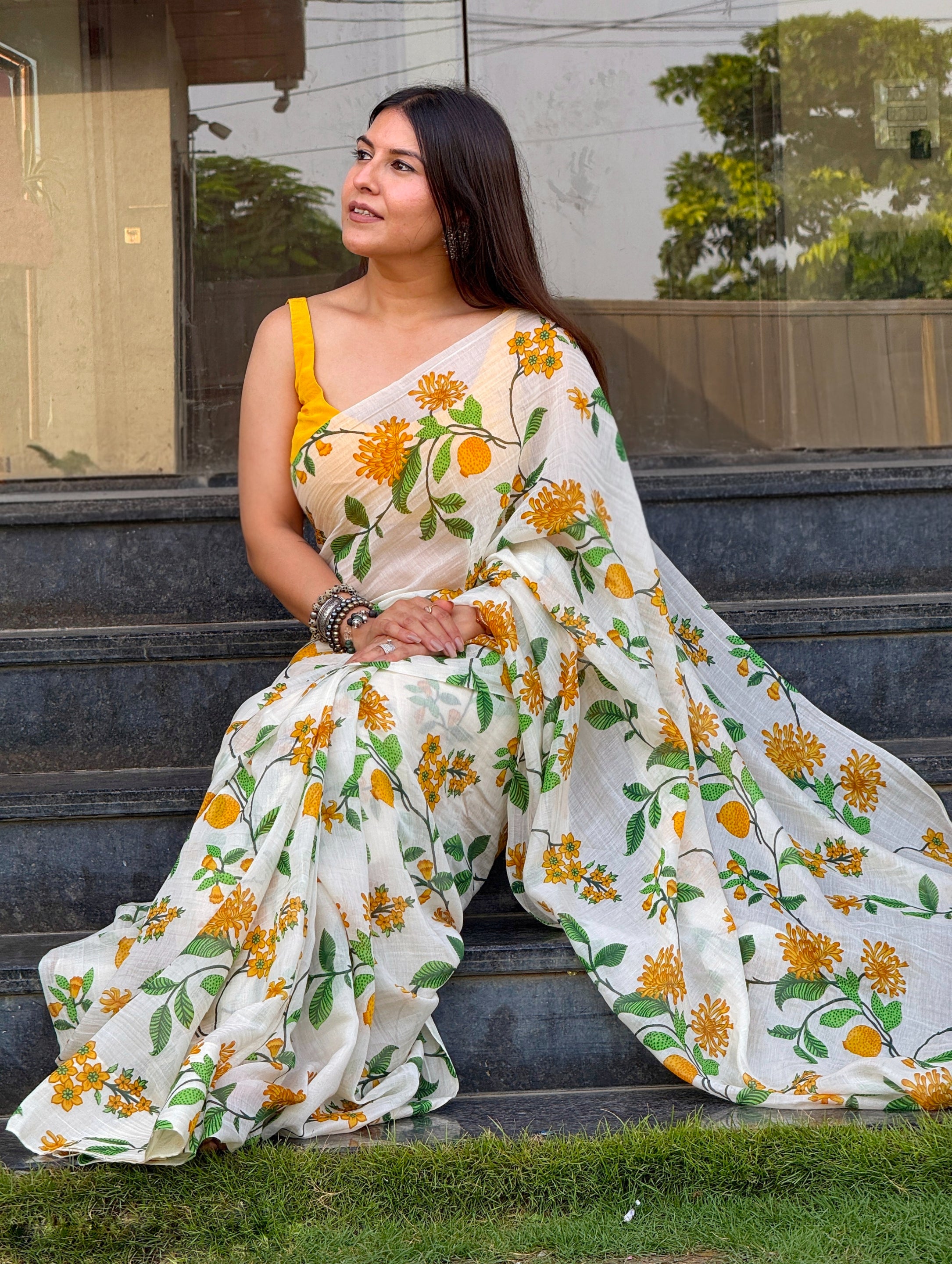 Sunshine Floral-Mul Chanderi Saree with Crepe Blouse