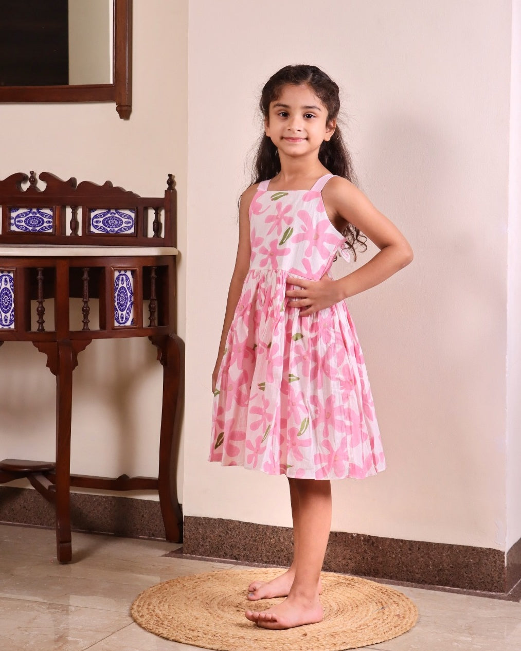 Pink Petal Bow Cotton Frock
