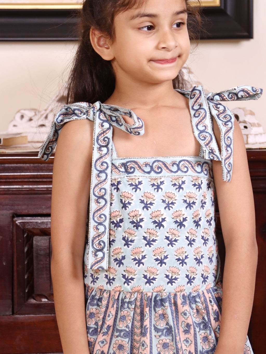 Dusty Blue Blossom Tiered Cotton Dress