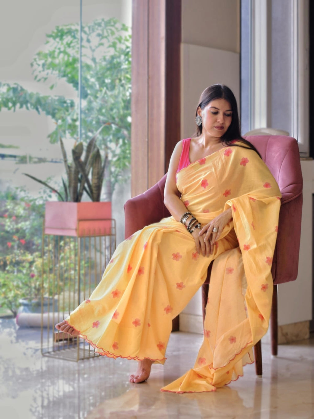 Sunlit Bloom – Mulmul Saree with Cotton Blouse