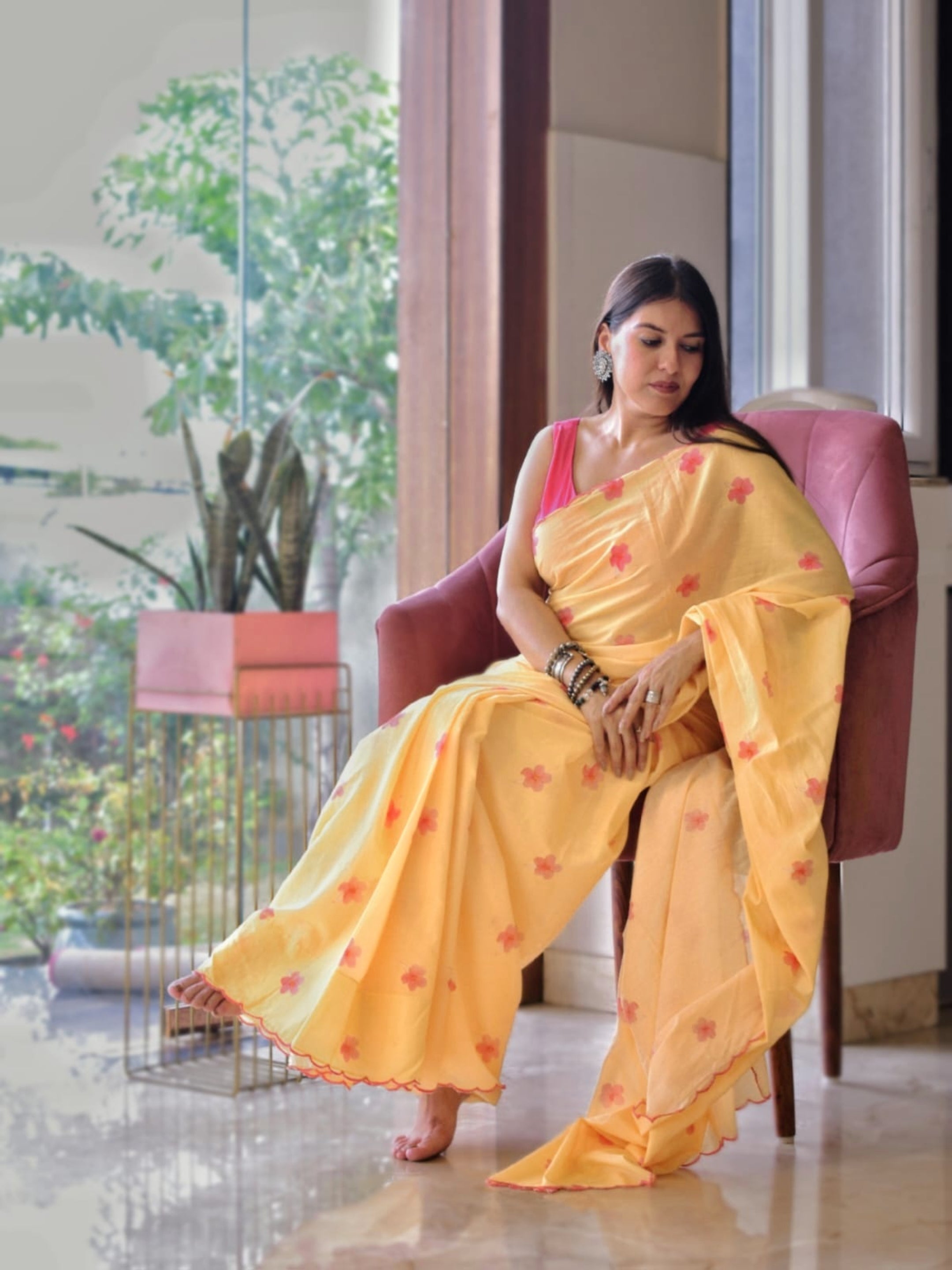Sunlit Bloom – Mulmul Saree with Cotton Blouse
