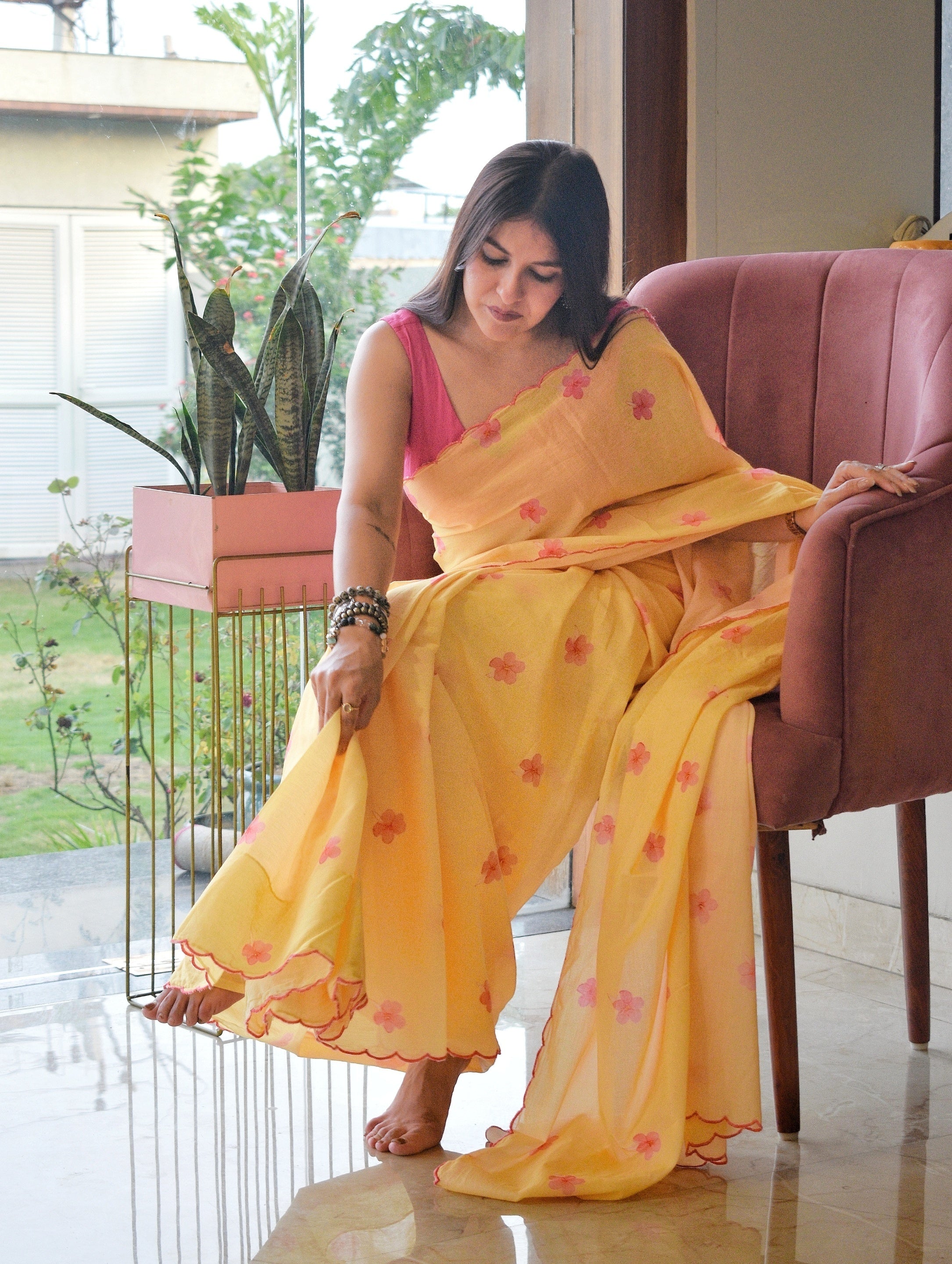 Sunlit Bloom – Mulmul Saree with Cotton Blouse