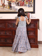 Dusty Blue Blossom Tiered Cotton Dress